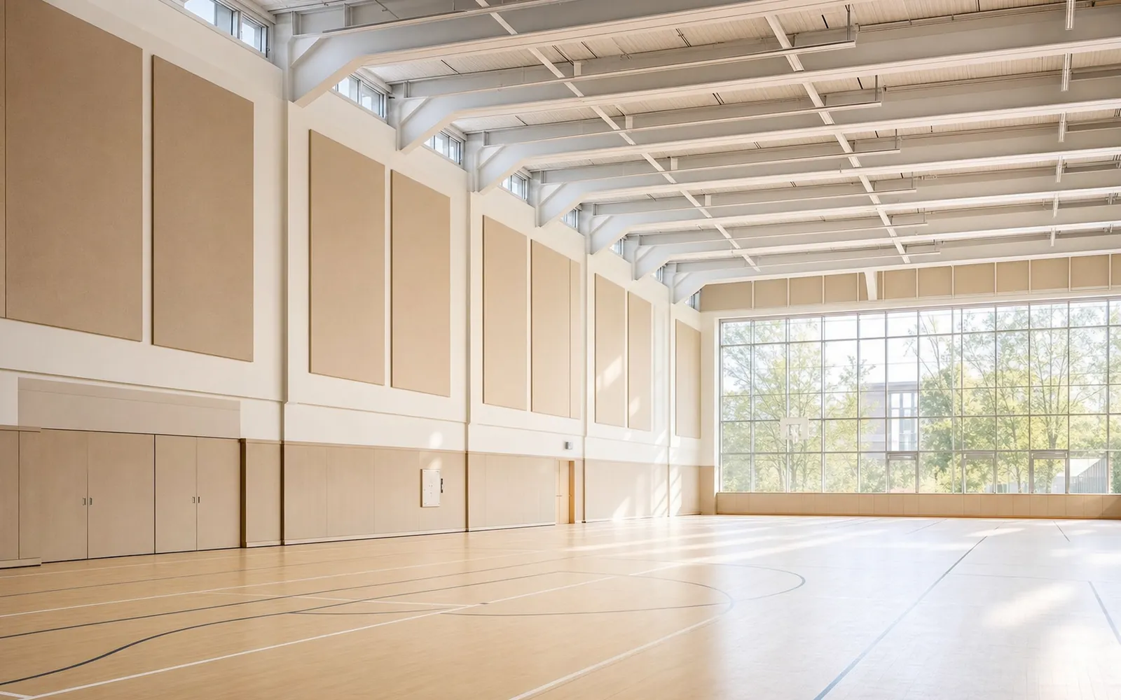 Gymnase équipé de panneaux acoustiques muraux en textile absorbant