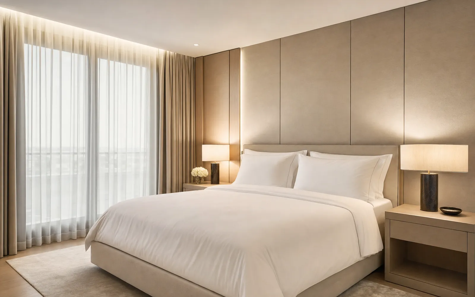 Chambre d'hôtel insonorisée avec panneaux acoustiques intégrés derrière la tête de lit