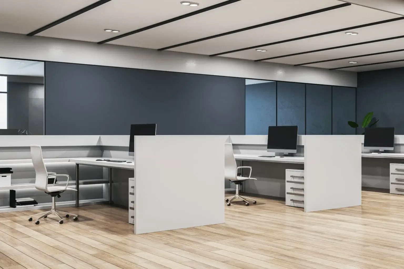 Toile tendue acoustique installée en plafond dans un espace de coworking